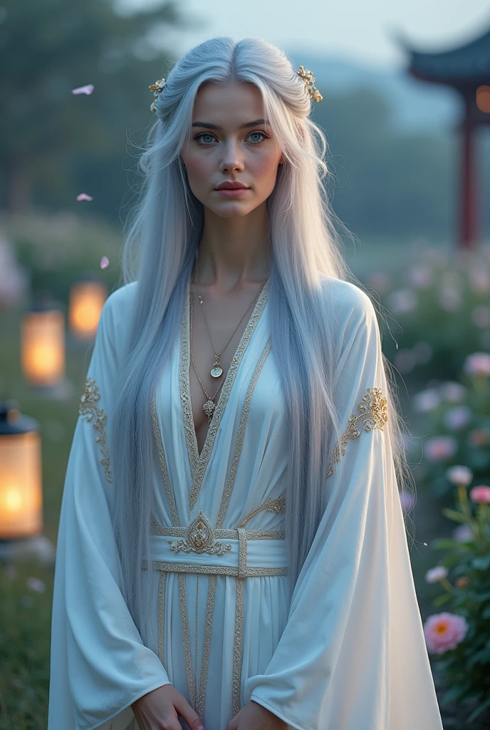A tall, slender woman, with long silver hair cascading down to her waist. Her steel-blue eyes convey serenity and wisdom, and she wears long white ceremonial robes with golden details..