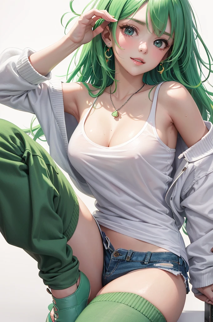 Best Quality,High resolution,8k,(plain white background, no patterns, no textures, just a plain white background:1.3),Masterpiece:1.2),beautiful girl,Shiny green hair,messy hair,Green Eyes,A  girl in a bright, oversized graphic tee or tank top with a cheerful design, paired with high-waisted shorts in a light, colorful cotton fabric with a subtle pattern. She is wearing casual sneakers with a pop of color or simple yet stylish sandals. Accessories include a playful pendant necklace and colorful stud earrings,Gentle look,A refreshing look,smile,Best quality,Best Quality,Aesthetic and aesthetic:1.2,Best details((Super detailed))(High-definition CG illustrations),Slender body,smile,blush,cute,Scrounge,Looking up,Being spoiled,super model