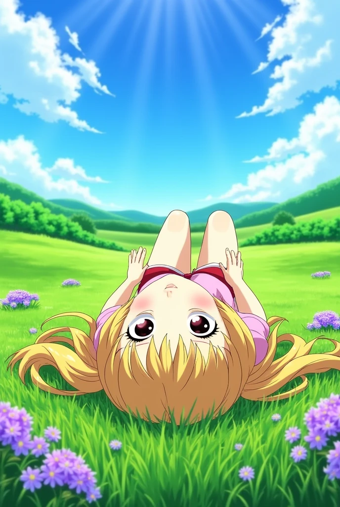 Create an image of a female anime character with blonde hair sitting on the grass, lying on her back and reflective, with purple flowers around and with a beautiful landscape around in 1080 x 1920 high definition