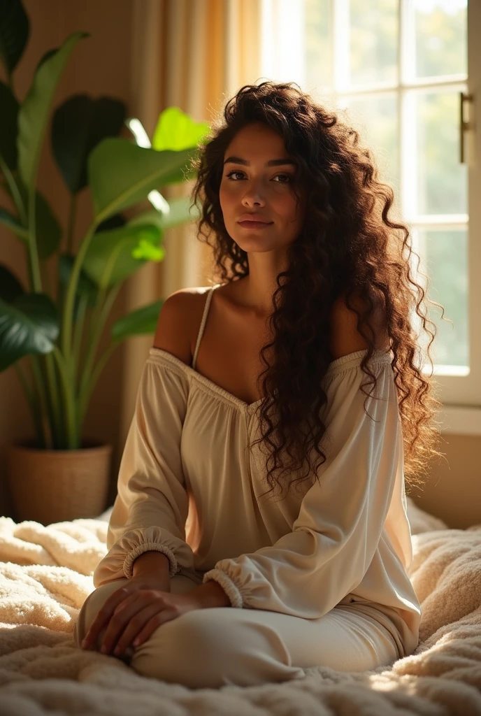 (photorealism:1.2), beautiful woman, sitting on bed, wearing loose off-shoulder top, pajama pants, long curly hair, indoors, soft lighting, plants in background, window with sunlight, cozy room, relaxed pose, realistic, intricate details, warm colors, by Greg Rutkowski, by Alphonse Mucha