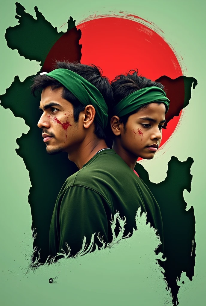 সবুজ মানচিত্র বাংলাদেশের , মাঝে লাল বৃত্ত, বৃত্তের মধ্যে একটা যুবক ছেলে আর একটা ছোট  ছেলের মুখ, মাথায় পতাকা বাধা,তাদের মাথা ফেটে রক্ত পড়ছে, বিপ্লবী, 2018 থেকে 2024।