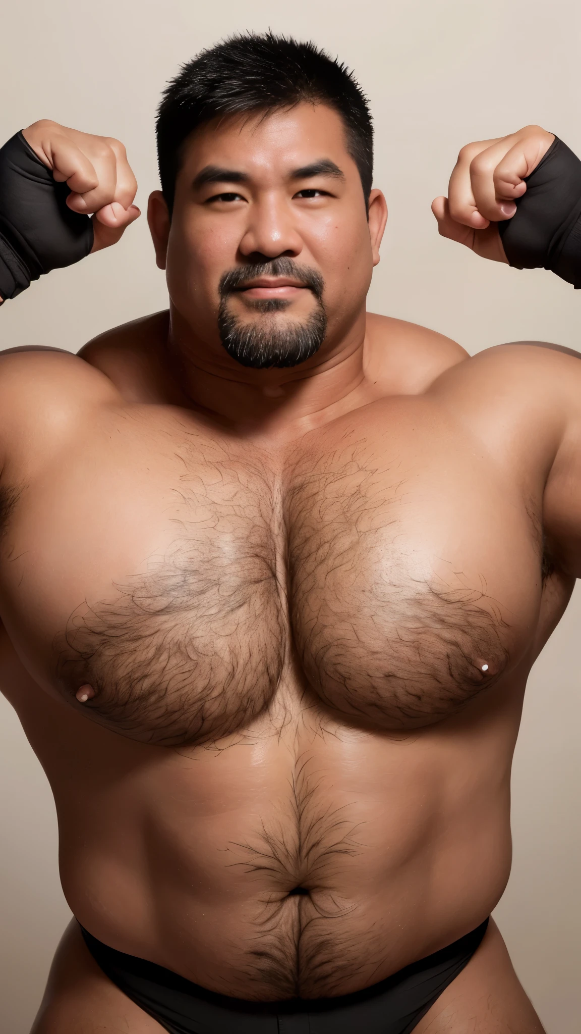 black hair, middle-aged man, individual, male, Muscular wrestler, muscular, Stout wrestler, Asian, Japanese, uncle, 55 year old middle-aged man, short hair, short hair, white wrestling boots, full body portrait, shadow, Vision, white briefs, obesity, 45 years old, short beard, middle-aged man, tattoo, fingerless gloves, Wheat skin, shiny skin, dark skin, Show your pectoral muscles, sumo wrestler, bodybuilder, wide temples, Visible abdominal muscles, Smile, Fine hands, solid color background, pure white background, Surrealism, Panorama, 8k, super detail,