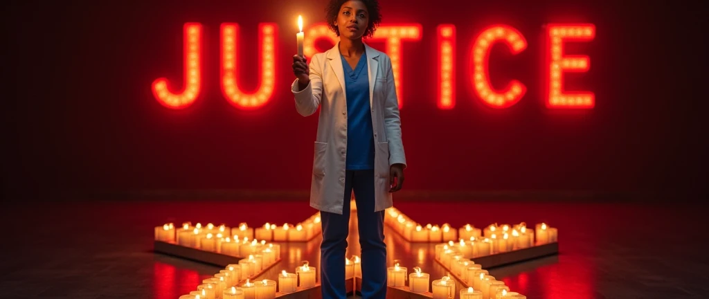 A woman in a white lab coat and blue scrubs confidently holds a lit candle aloft in a dark setting. The background features the word JUSTICE in bold red letters, while a star shape made of small candles illuminates the ground. The overall tone is dramatic and intense, with a red hue dominating the scene. A girl is crying for her justice