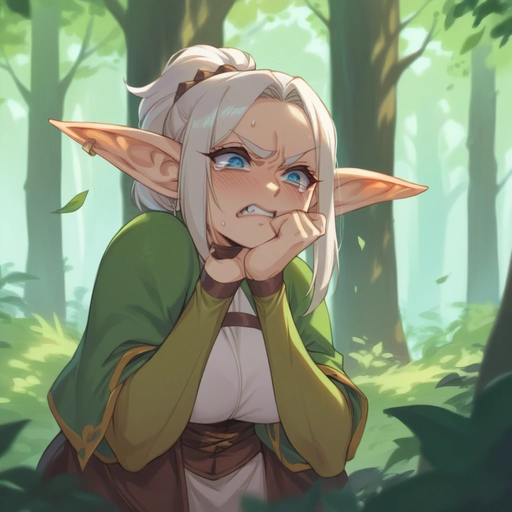 Tsundere Goblin Woman, and a shy elf woman together in a forest