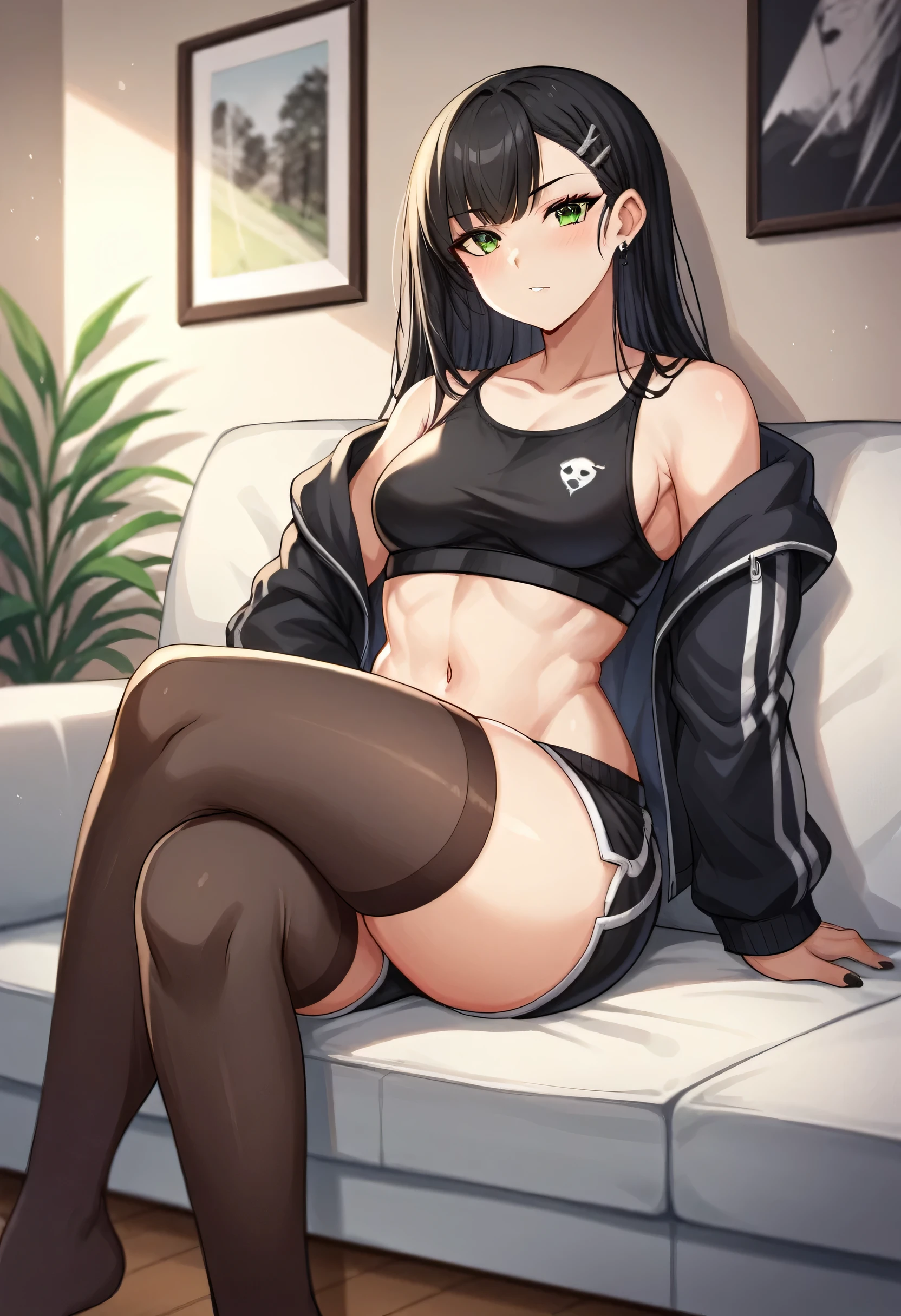 A 2d short young girl sitting inside of living room at nighttime on black gothic jacket and black sport shorts with meshy stockings, long straight black hair, green eyes, gorgeous face with beautiful small breasts, looking at viewer, uninterested gaze, detailed face and body, correct hands and position, noghttime living room on background, crossed legs, back resting, head tilted, gothic make up