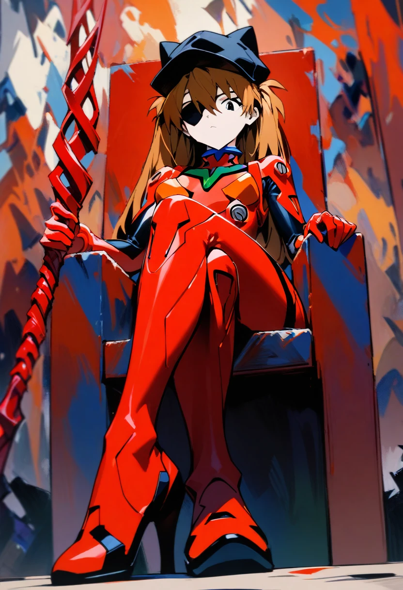 expressionism, 1girl, souryuu asuka langley, neon genesis evangelion, rebuild of evangelion, lance of longinus, cat hat, plugsuit, pilot suit, red bodysuit, sitting, crossed legs, black eye patch, throne, looking down, from bottom, looking at viewer, outdoors, masterpiece, best quality, absurdres