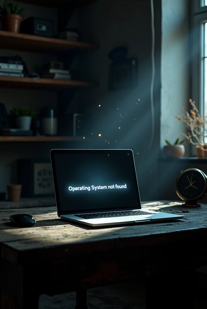 room, laptop on the table, надпись на экране  “Operating System not found”