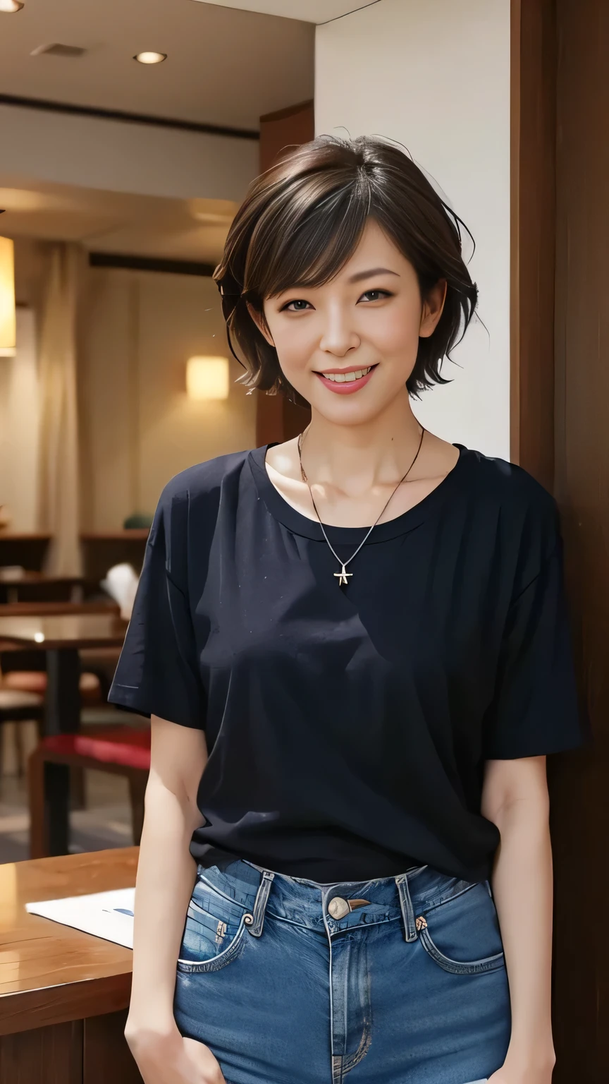 (Tabletop, Highest quality), A Japanese woman in her 40s is standing., Close-up photo focusing on upper body、See-through T-shirt、Skinny jeans、The hem of the T-shirt is tucked into the jeans., necklace, Straight very short cut hair, Beautiful Eyes, Open your mouth, Happy, Perfect slim fit body, Hotel lounge, Bright colors、Full Body Lesbian、(smile:1.2)、
