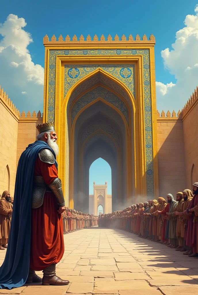 A palace gate of Persia with yellow and blue mosaic colors in the background, in front a palace general officer, some people are prostrating on the ground, except one, a Hebrew man with a well-trimmed white beard, standing in the middle of the others who are on the ground in typical attire, looking at the officer.