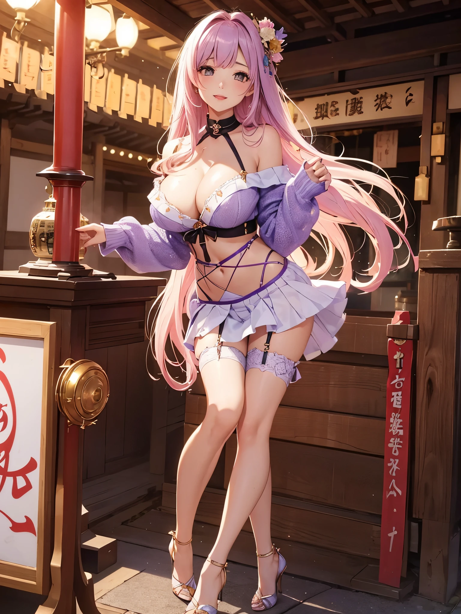 High definition、Highest quality、Skin like in the picture、Flowing hair texture、Red lips、G-cup bust、Smiling Beauty、A beautiful woman in a lavender or gold off-the-shoulder sweater、See-through sweater、Midriff look、At the Gion Festival、shrine、Colorful garter belts and fishnet stockings、A woman being covered in a large amount of milky liquid、vibrator、Navel exposed、Short skirt、T-back shorts、whole body、Beautiful woman in standing pose、Thighs、Cleavage、stiletto heels、Nice body、Short skirt