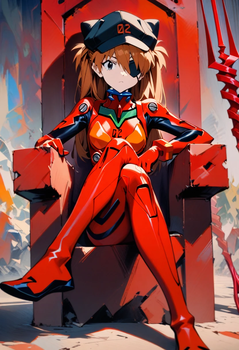 expressionism, 1girl, souryuu asuka langley, neon genesis evangelion, rebuild of evangelion, lance of longinus, cat hat, plugsuit, pilot suit, red bodysuit, sitting, crossed legs, black eye patch, throne, looking down, from front, looking at viewer, outdoors, masterpiece, best quality, absurdres