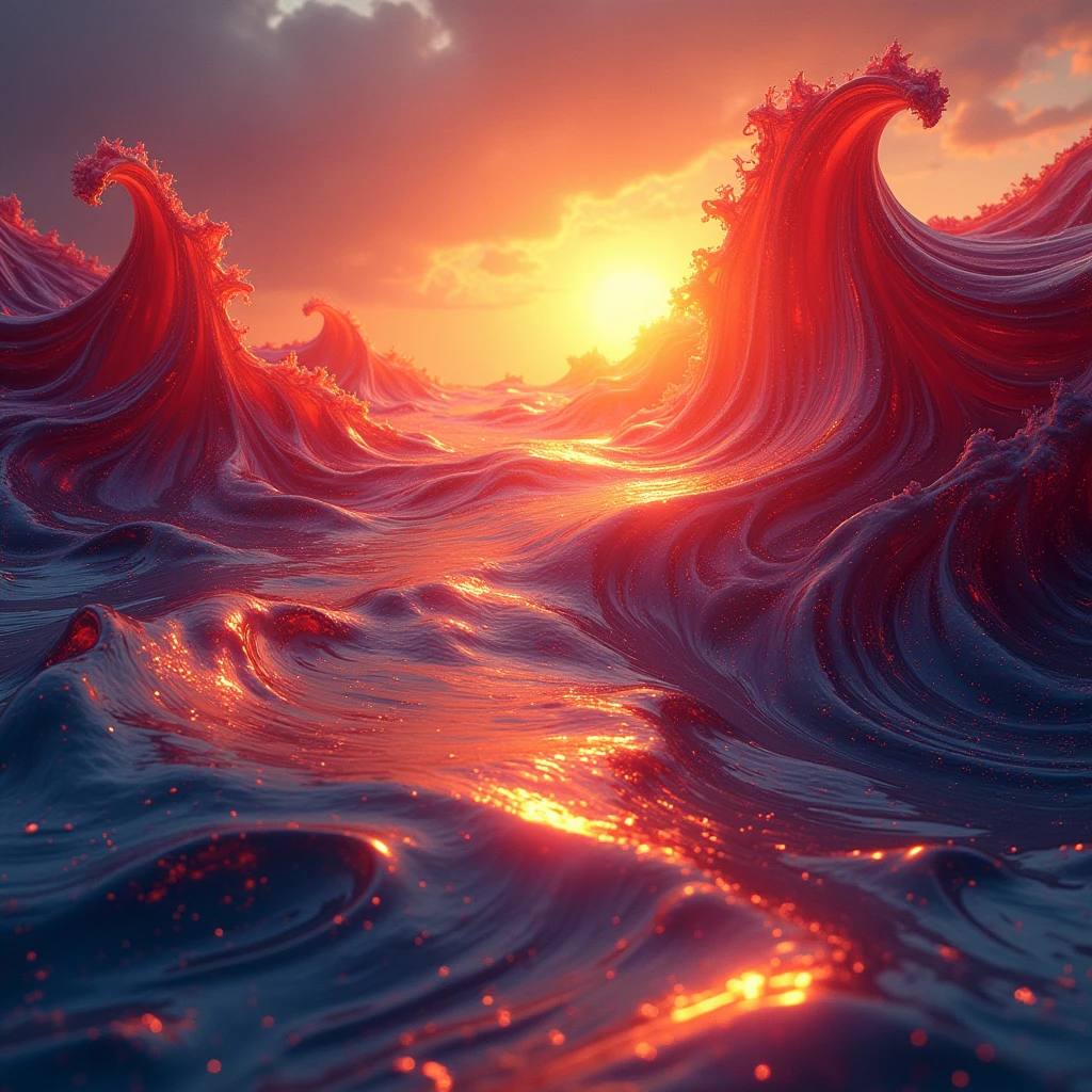 an abstract design of liquid figures that merge with each other in colors such as red, orange and gold, evoking a psychedelic summer sunset.