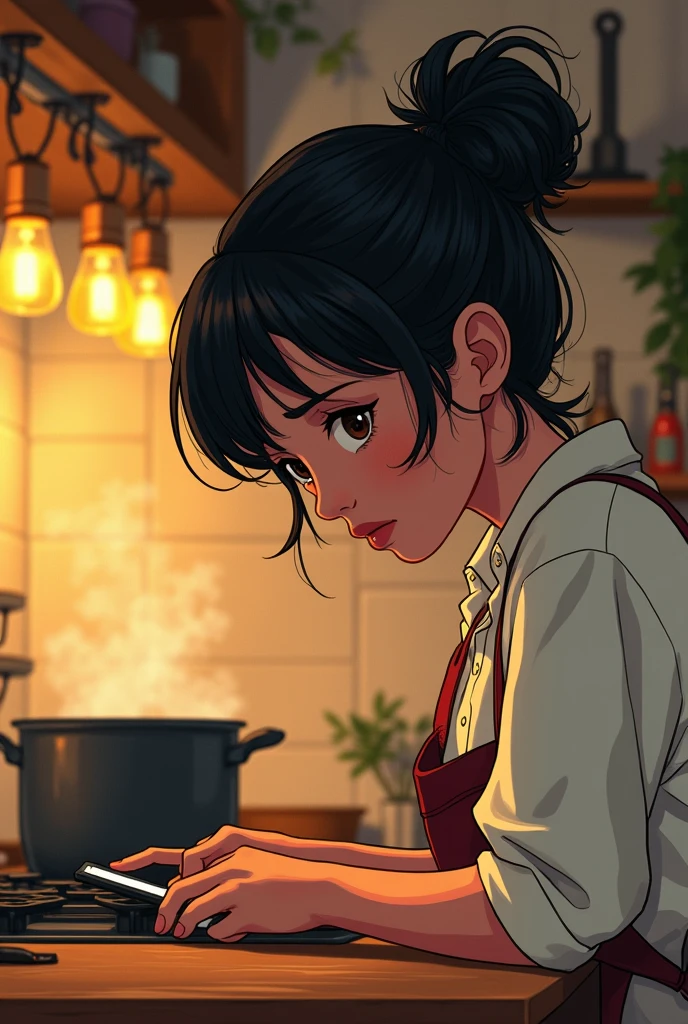 Close-up (Medium shot) Nida sighed, put down the phone, and turned back to cooking, looking worried. (Draw as a line drawing)