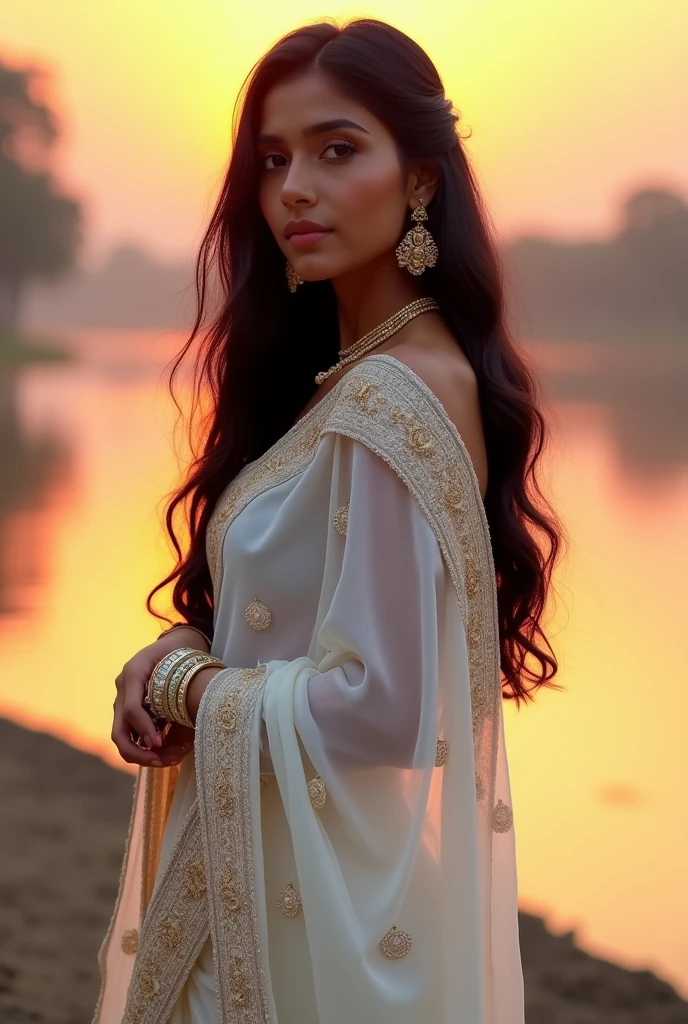 Hottest Bengali Hindu Women in White saree without blouse with sleeves above
