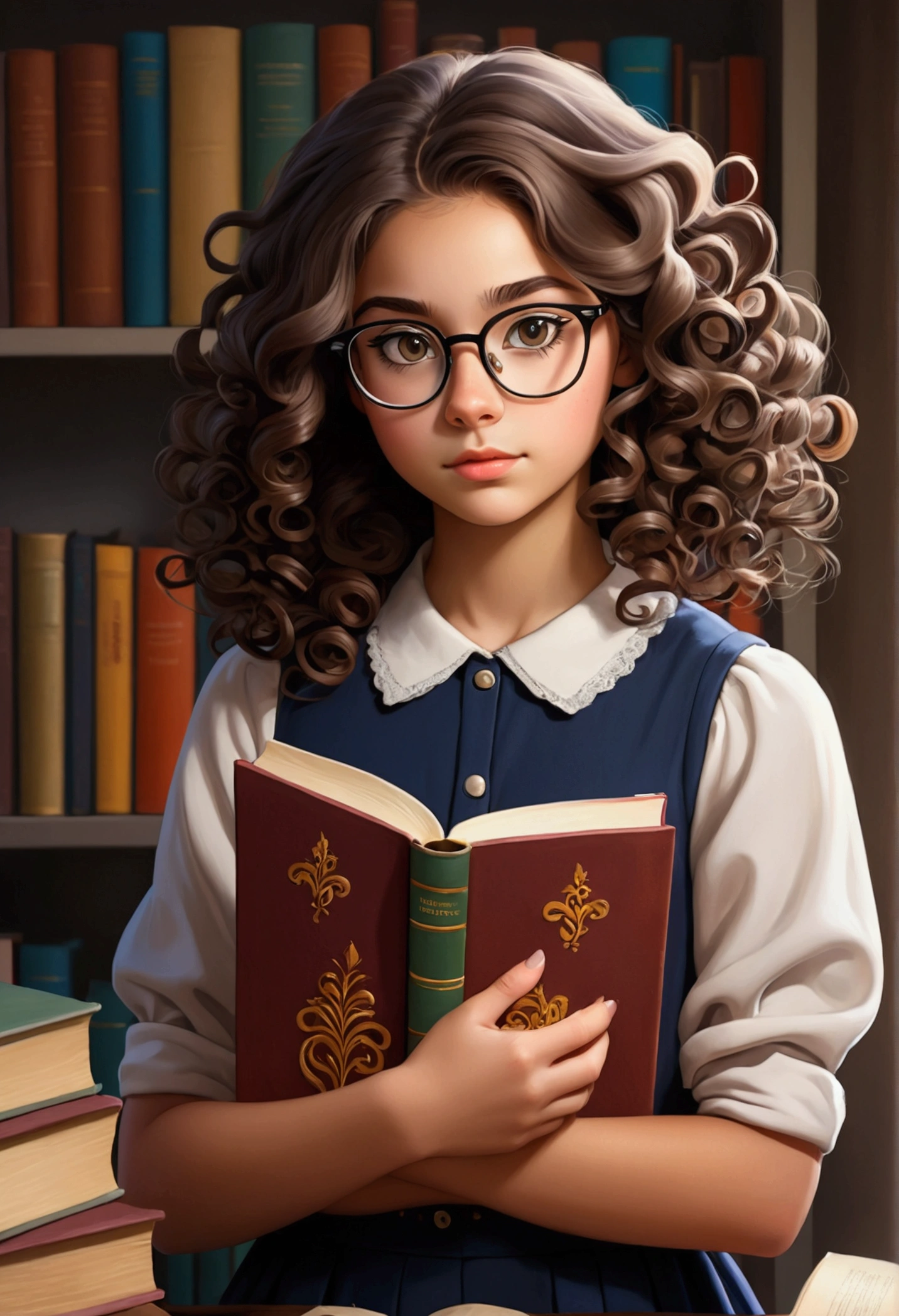 15 year old girl, brunette skin, curled hair, wearing glasses, holding a books