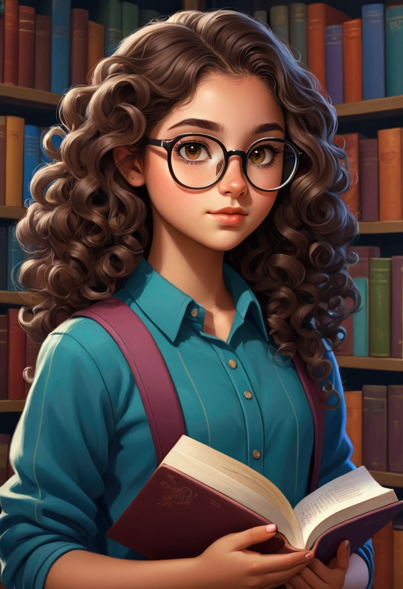 15 year old girl, brunette skin, curled hair, wearing glasses, holding a books