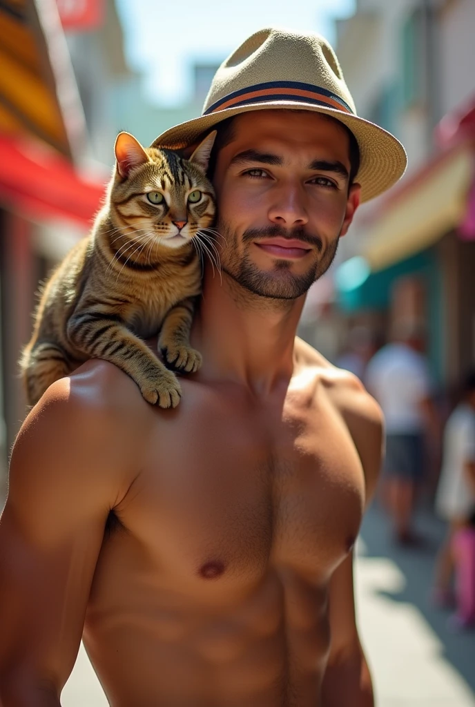 Un jeune de 22ans rasé cheveux court bronzer avec un bouc au menton corps athlétique la vigntaine regard charmeur portant un chat sur son epaule avec un chapeau sur la tête