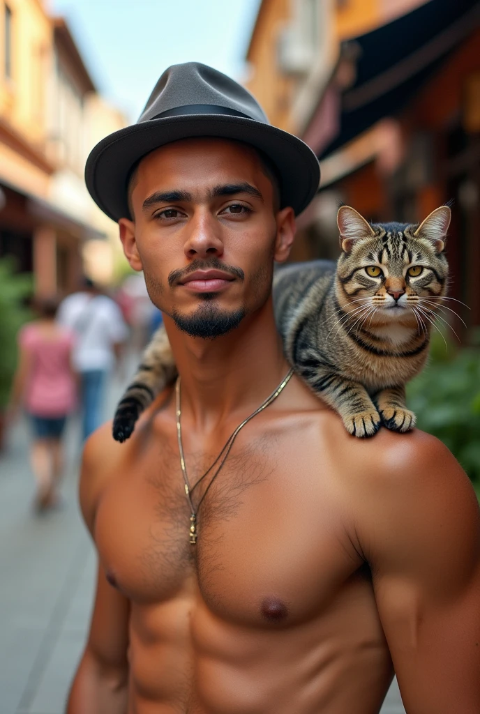 Un jeune de 22ans rasé cheveux court bronzer avec un bouc au menton corps athlétique la vigntaine regard charmeur portant un chat sur son epaule avec un chapeau sur la tête