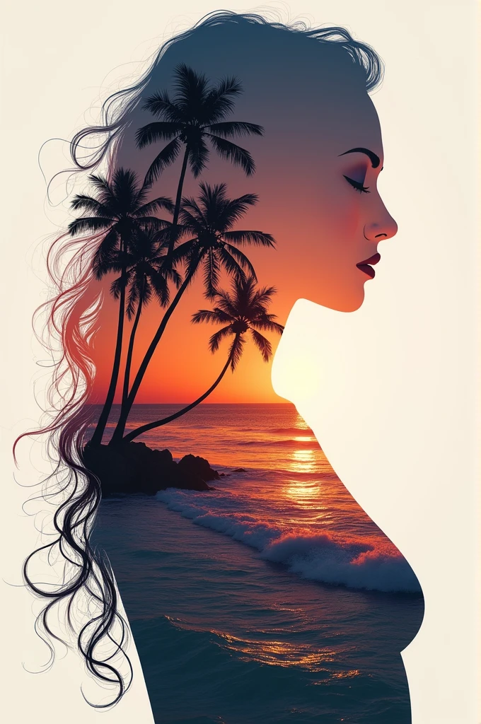high quality, 8K Ultra HD, A beautiful double exposure that combines an goddess silhouette with sunset coast, sunset coast should serve as the underlying backdrop, with its details incorporated into the goddess , crisp lines, The background is monochrome, sharp focus, double exposure, by yukisakura, awesome full color,