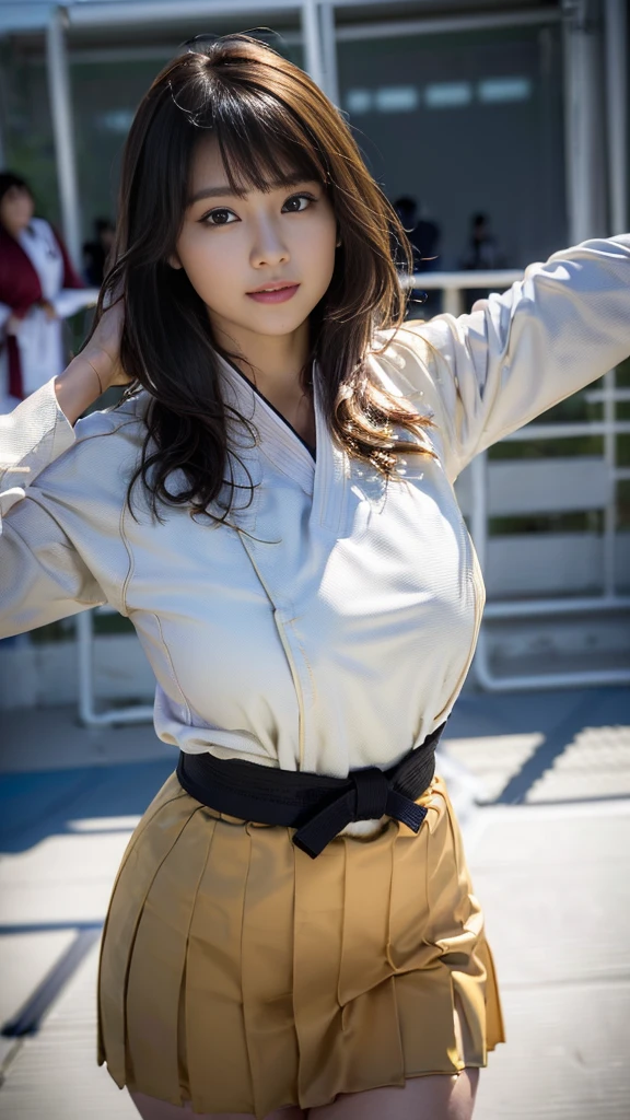 masterpiece, Highest quality，16K, Ultra-high resolution，The light and shadow of reality，Cinema Lenses，(((Very firm and shapely beautiful large breasts))),((High nose、Small Mouth)),((Clean and slim face line)),((Big dark eyes with long eyelashes)),((Very small face)),((She is very thin and has a great figure)),((Pure white beautiful skin)),((Cute Japan)),((((She is wearing a long-sleeved Judo uniform.)))), (((Black belt))),(Detailed clothing),((((At the Judo venue )))),(Beautiful Eyes:1.1)，Reflecting clear eyes and a gentle smile,