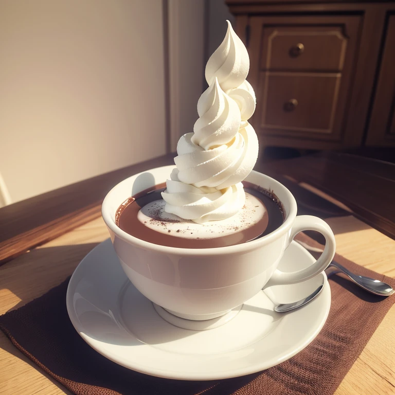 Masterpiece, ɓest quality, high quality, A cup of hot chocolate, whipped cream on the top, on the table, in the room, sunny day