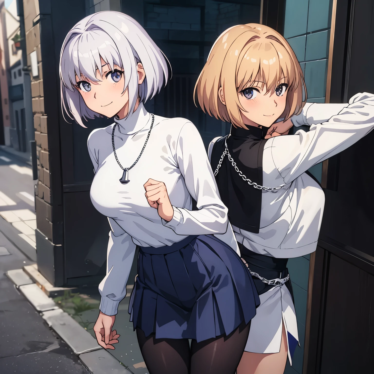 Arcueid \(tsukihime\), One person, alley, Put your arms behind your back, Black Pantyhose, Blue pleated skirt, blush, chest, building, Cowboy Shot, Day, Chain Necklaces \(Arcueid\) chestに, large chest, View your viewers, Outdoor, smile, alone, Are standing, White long-sleeved turtleneck white sweater, Tight clothes, Thigh Gap, Mouth closed, Leaning forward, break, 2nd move, Accurate Fingers, Weak hands, Extreme hand details, Normal hand, With your fingers, Accurate hands, Two thumbs