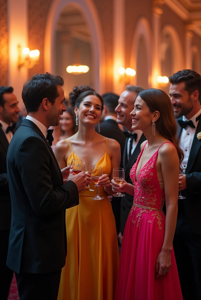 A lively photorealistic scene of a charity party, imbued with sincere emotions and humanity. Elegant high society ladies in luxurious evening gowns of various bright colors, their faces lit up with broad smiles and shining eyes expressing joy and enthusiasm. Their gallant cavaliers - wealthy men in tuxedos and tails - are warmly and attentively chatting with their beautiful companions, their faces also glowing with life and enthusiasm. A few anthropomorphic cyborgs glimpse among the guests, but they fit so naturally into the crowd that it is almost impossible to distinguish them from ordinary people - their faces and manners are also imbued with a lively human feeling.
The general atmosphere is solemn, yet filled with warmth, openness and a sincere desire to help those in need. Bright colors, upbeat music and soft lighting create the feeling of a festive, but at the same time very human social event. Each of the guests, whether human or cyborg, enthusiastically participates in the noble purpose of the evening. best quality, high quality, absurdres, masterpiece, beautiful, intricate details, 1/2 body crop, slim body, beautiful figure, magnificent anatomy, (intricate details:1.12), HDR, (intricate details, hyper-detailing:1.15), (natural skin textures, hyper realisitc, soft light, Sharp:1.2)