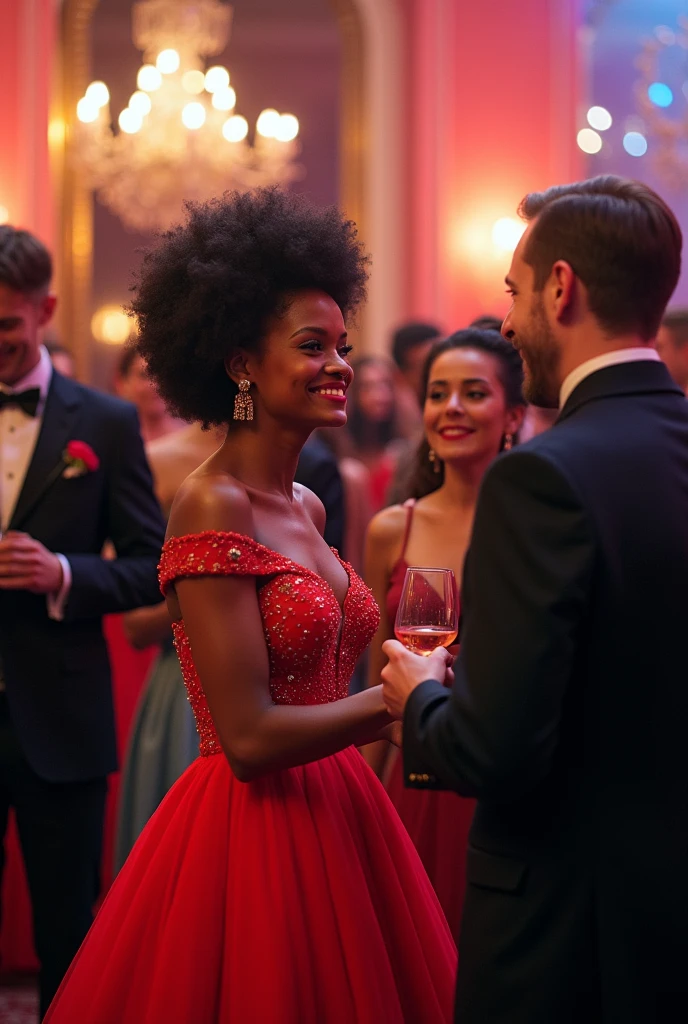 A lively photorealistic scene of a charity party, imbued with sincere emotions and humanity. Elegant high society ladies in luxurious evening gowns of various bright colors, their faces lit up with broad smiles and shining eyes expressing joy and enthusiasm. Their gallant cavaliers - wealthy men in tuxedos and tails - are warmly and attentively chatting with their beautiful companions, their faces also glowing with life and enthusiasm. A few anthropomorphic cyborgs glimpse among the guests, but they fit so naturally into the crowd that it is almost impossible to distinguish them from ordinary people - their faces and manners are also imbued with a lively human feeling.
The general atmosphere is solemn, yet filled with warmth, openness and a sincere desire to help those in need. Bright colors, upbeat music and soft lighting create the feeling of a festive, but at the same time very human social event. Each of the guests, whether human or cyborg, enthusiastically participates in the noble purpose of the evening. best quality, high quality, absurdres, masterpiece, beautiful, intricate details, 1/2 body crop, slim body, beautiful figure, magnificent anatomy, (intricate details:1.12), HDR, (intricate details, hyper-detailing:1.15), (natural skin textures, hyper realisitc, soft light, Sharp:1.2)