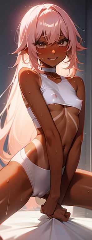 light pinky hair, oil bright skin, rolling eyes, smiling, very naughty, brown tanning skin, ((tanline: 1.12)), 전신 레깅스, 타이트한, slim body, small , harden nippleflush, sweaty hair and body, spread legs,