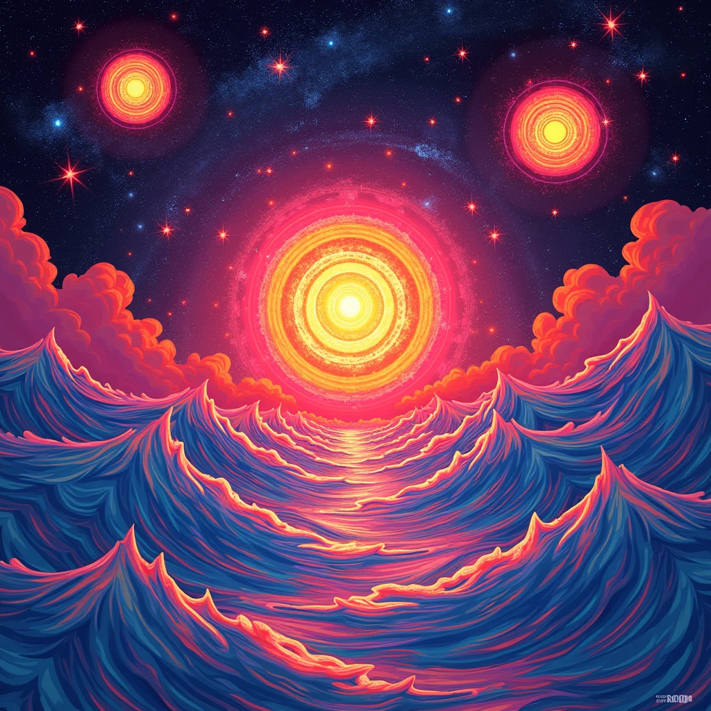 a print of distorted suns and stars, combining neon colors and glow effects, creating a feeling of psychedelic summer heat.