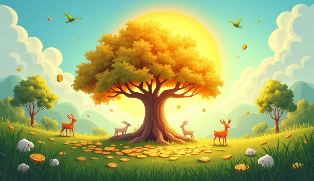 A vibrant vector art wall painting in landscape orientation. The scene features a 3D-shaped 'Kalpa Vriksha' as the central focus, with the sun well above the tree, casting a warm glow. Very few small gold coins gently falling from the tree are clearly visible. The surrounding area includes lush green grass and few small tress in the background with small animals like deer and white rabbits near the Kalpa Vriksha. The sky is a soft blue morning hue with a few cute birds and green parrots flying. The colors are vibrant and designed to match yellow color palletes.