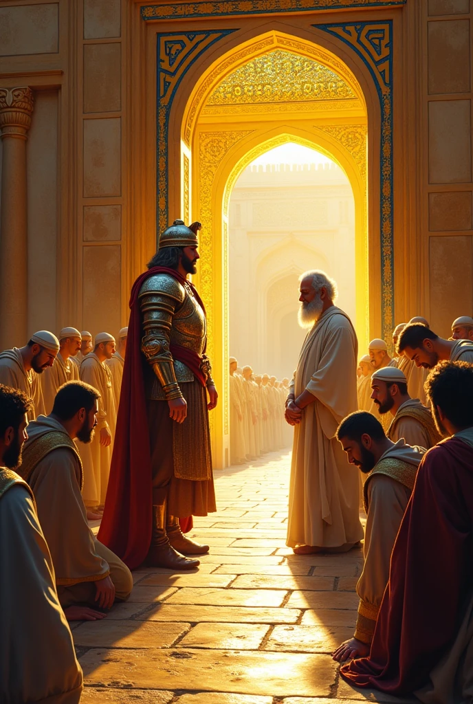A palace gate of Persia with yellow and blue mosaic colors in the background, in front a palace general officer, some people are prostrating on the ground, except one, a Hebrew man with a well-trimmed white beard, standing in the middle of the others who are on the ground in typical attire, looking at the officer.
