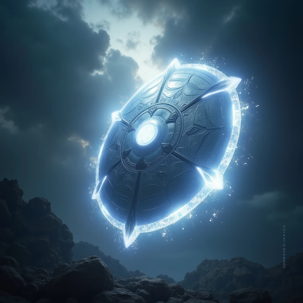 hyperrealistic, a summoned shield, giving the impression of a steel hologram, giving off blinding white light, floating in the air