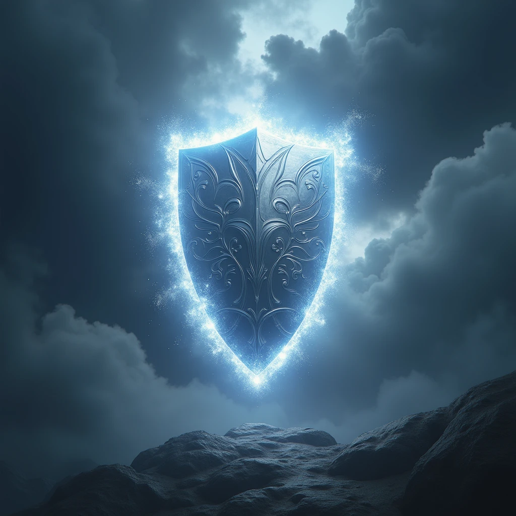 hyperrealistic, a summoned shield, giving the impression of a steel hologram, giving off blinding white light, floating in the air