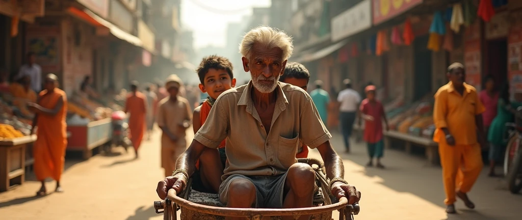 A poor Indian oldman pulling a rickshaw and people sitting on it 