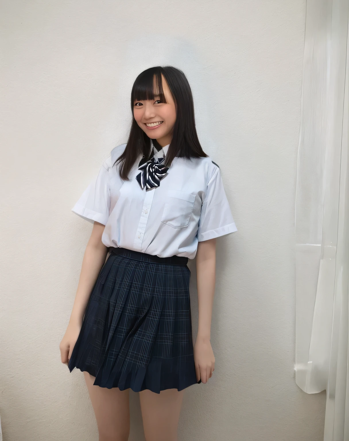 Super detailed,Highest quality,One high school girl,Standing in a room with white walls, looking at you.,illuminated by sunlight from the window,Posing for a photo,The background is blurred