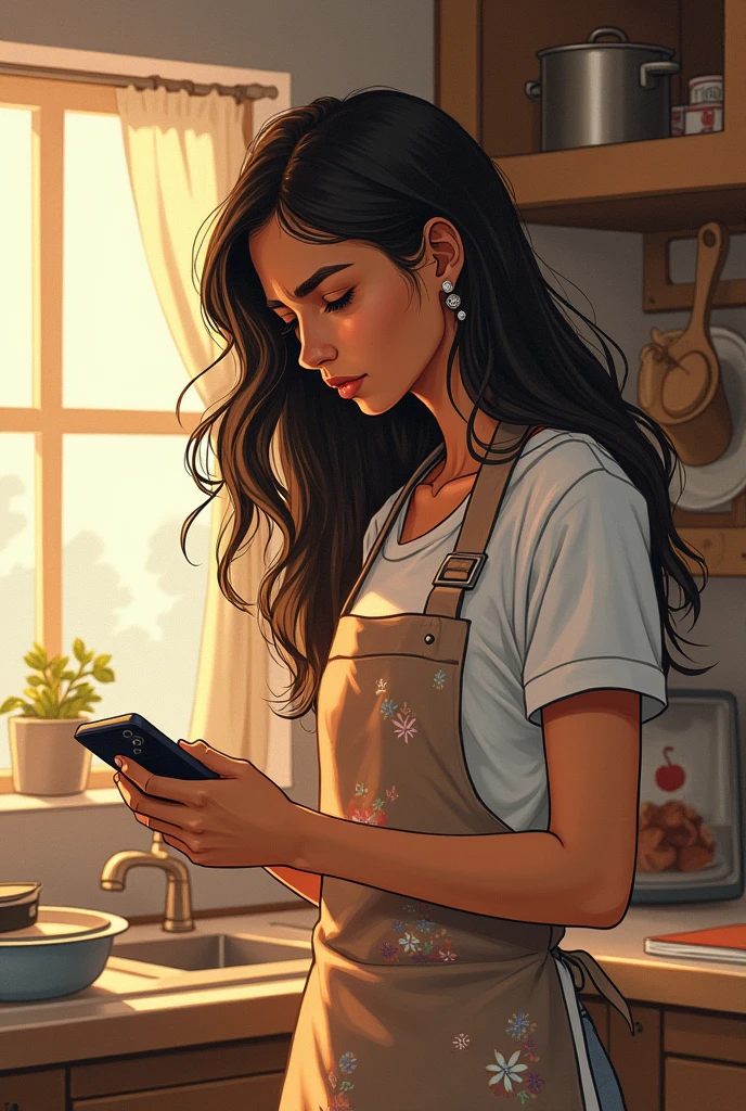 Semi-close-up sketch (Medium shot) Nida sighed, put down the phone, and turned back to cooking, looking worried. (Draw as a line drawing)