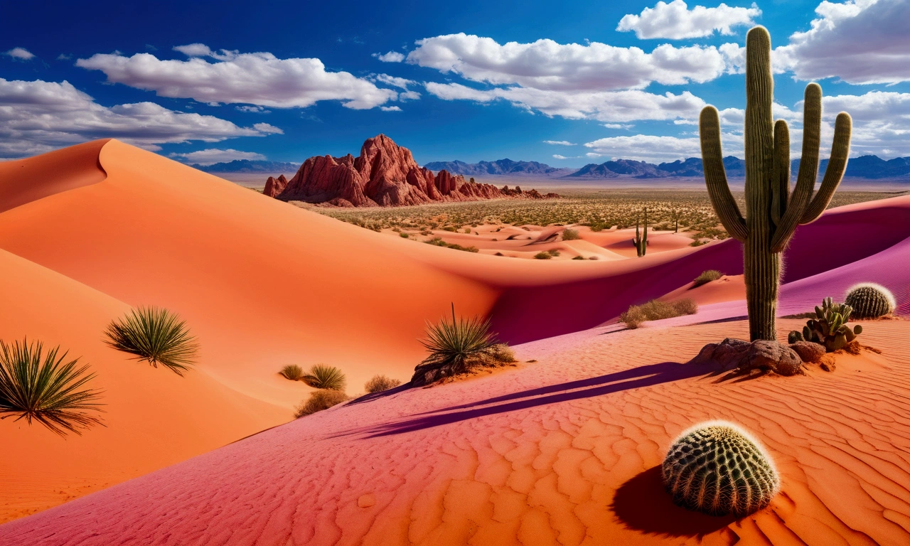 Psychedelic Desert:
A surreal desert with vibrantly colored dunes, like rose, orange and purple, contrasting with a deep blue sky. Add enormous cacti and rock formations that seem to have sprung from a dream, with hyper-realistic textures and details.