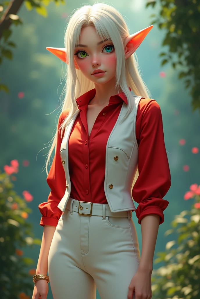 Hyper realistic, masterpiece, volumetric lighting, subsurface dispersion, photorealistic, animated style, volumetric lighting, Best Quality, intricate details, tone mapping, sharp focus, hyper detailed, absurdities, High resolution, Extremely fine full-body professional photography of, aura bella fiora, Red shirt, white vest, white pants, glove, green right eye, blue left eye, Elf&#39;s ears, pointy ears,big ass