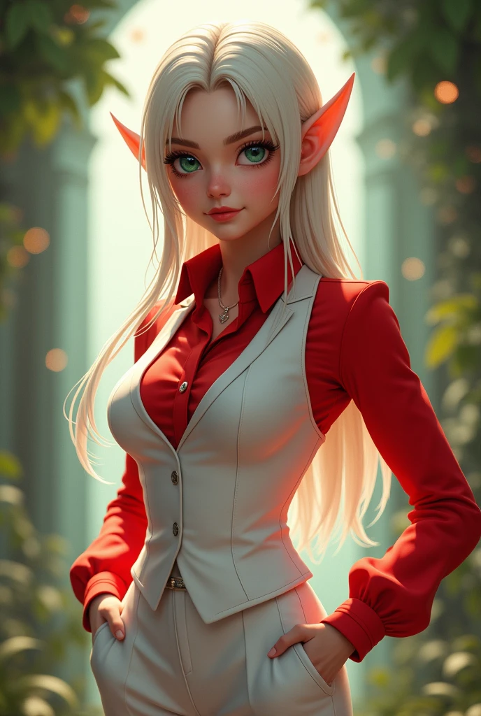 Hyper realistic, masterpiece, volumetric lighting, subsurface dispersion, photorealistic, animated style, volumetric lighting, Best Quality, intricate details, tone mapping, sharp focus, hyper detailed, absurdities, High resolution, Extremely fine full-body professional photography of, aura bella fiora, Red shirt, white vest, white pants, glove, green right eye, blue left eye, Elf's ears, pointy ears,big ass