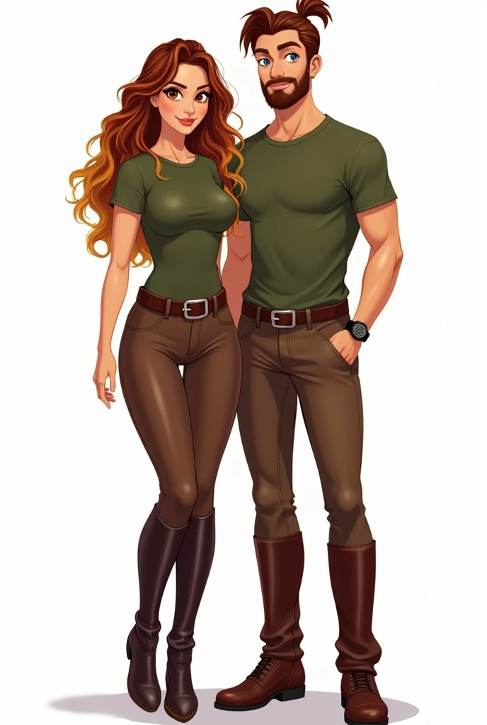 Illustration 2D sur fond blanc. Femme, cheveux longs bouclés châtain avec un ombré hair blond, yeux noisettes, t-shirt vert militaire et pantalon d'équitation marron avec ceinture et boots marron.
Avec un homme, cheveux châtain attachés en petit chignon en haut et cheveux du bas lâchés, yeux bleus, barbe d'une semaine, au t-shirt vert militaire