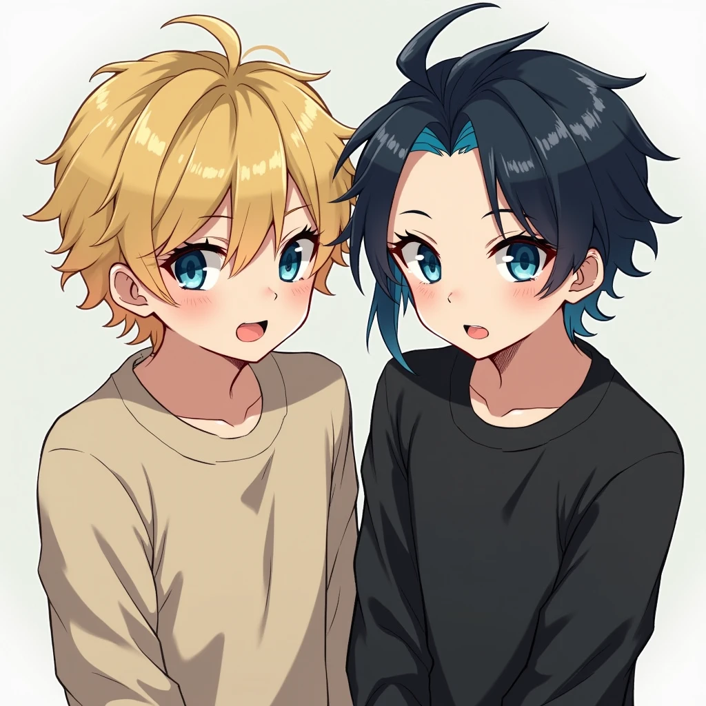twins, young men, one twin blonde hair and beige clothing, other twin black hair with blue streaks and black clothing, both blue eyes