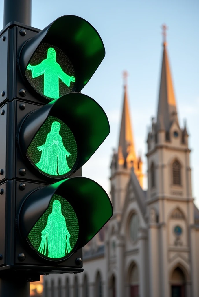 Crie An image mostrando um semáforo com todas as verdes e dentro de cada luz, An image, being
She of Jesus Christ, Our Lady and church. the week should be positioned in front of a Catholic church. The traffic light should be clearly visible and facing the angle of the photo. The church should be in the background, Visible and detailed, to create a contrast with the traffic light.