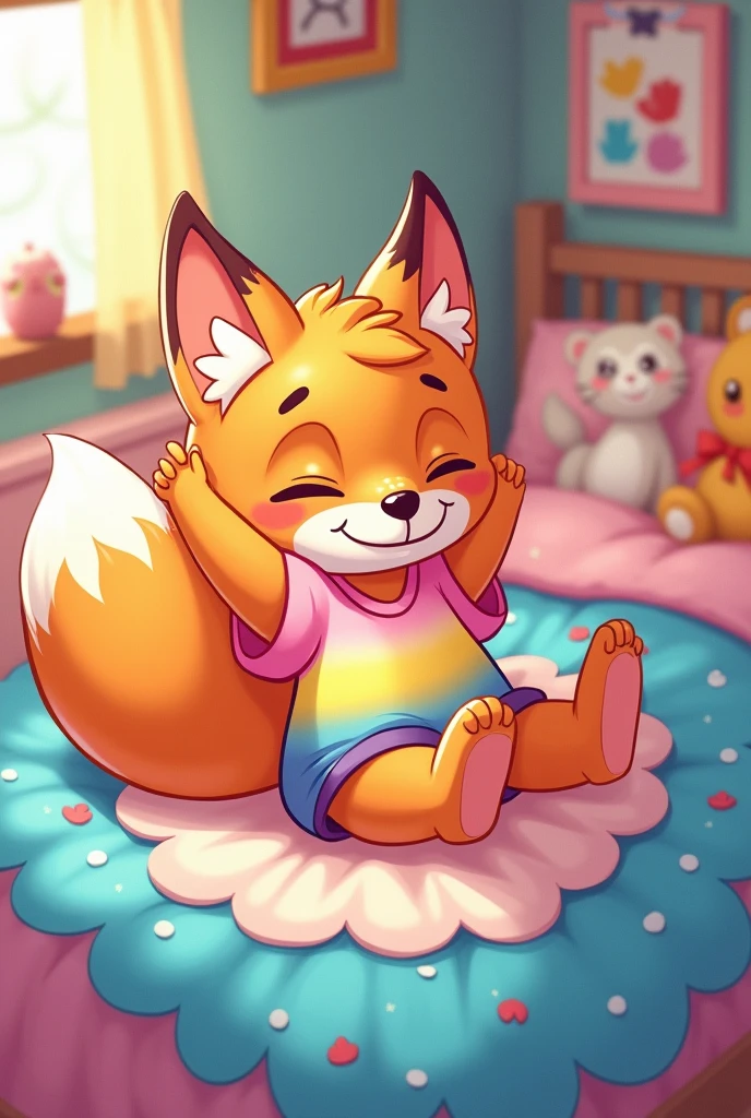 a cartoon 2d anthropomorphic fox girl kid wearing a pink, yellow, and blue gradient shirt relaxing on top of a bed. She’s bottomless.
