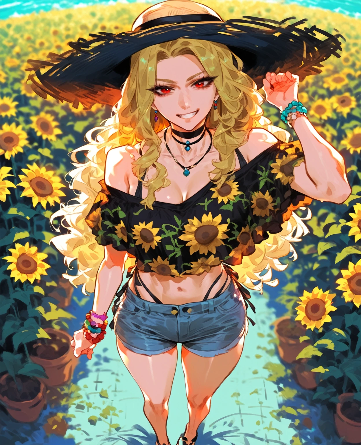 masterpiece, best quality, highres, kitagawa marin, wide angle, POV, from above, 1girl, blonde hair, long hair, multicolored hair, red eyes, jewelry, necklace, choker, black bikini, floral print, bracelet, side-tie bikini bottom, cowboy shot, in sunflower garden, shining sun, wearing a off shoulder shirt and denim shorts and a sun hat, full body veiw, standing, grin, straight-on, one arm hold the hat, air flowing