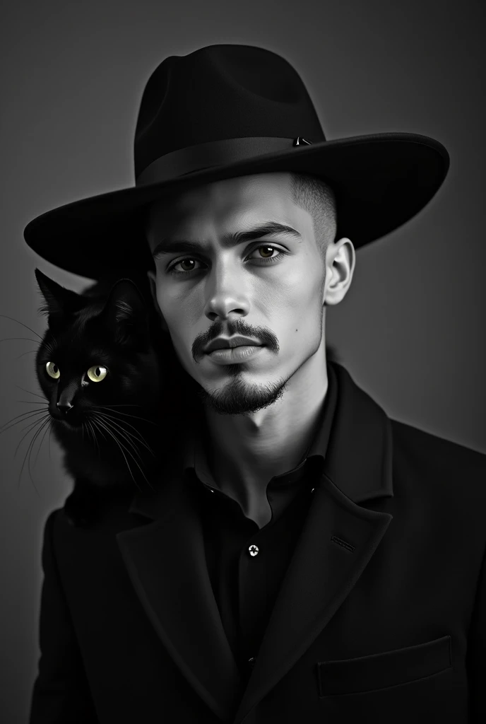 Un jeune homme mystérieux, 22 ans, aux cheveux courts et rasés de près, avec un bouc soigné, pose pour un portrait en noir et blanc. Il porte un chapeau à larges bords et un chat noir se dresse fièrement sur son épaule. Son regard perçant contraste avec son sourire énigmatique. Ambiance vintage, studio photo.