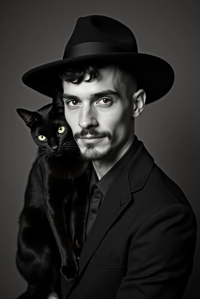 Un jeune homme mystérieux, 22 ans, aux cheveux courts et rasés de près, avec un bouc soigné, pose pour un portrait en noir et blanc. Il porte un chapeau à larges bords et un chat noir se dresse fièrement sur son épaule. Son regard perçant contraste avec son sourire énigmatique. Ambiance vintage, studio photo.