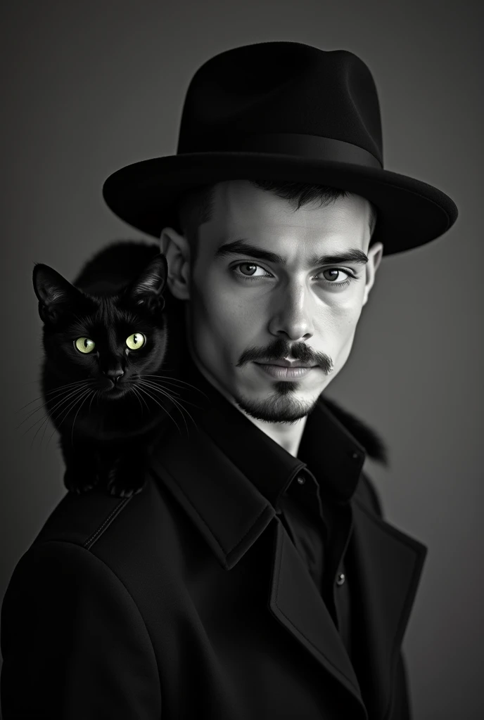 Un jeune homme mystérieux, 22 ans, aux cheveux courts et rasés de près, avec un bouc soigné, pose pour un portrait en noir et blanc. Il porte un chapeau à larges bords et un chat noir se dresse fièrement sur son épaule. Son regard perçant contraste avec son sourire énigmatique. Ambiance vintage, studio photo.