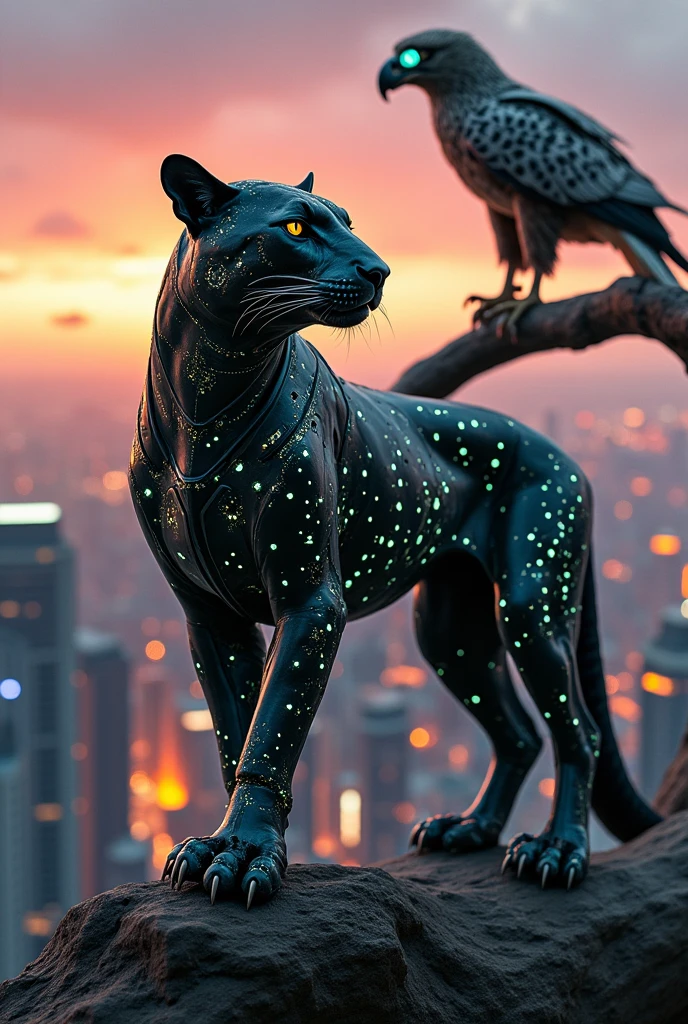 Jaguar and eagle dressed in fully technological equipment