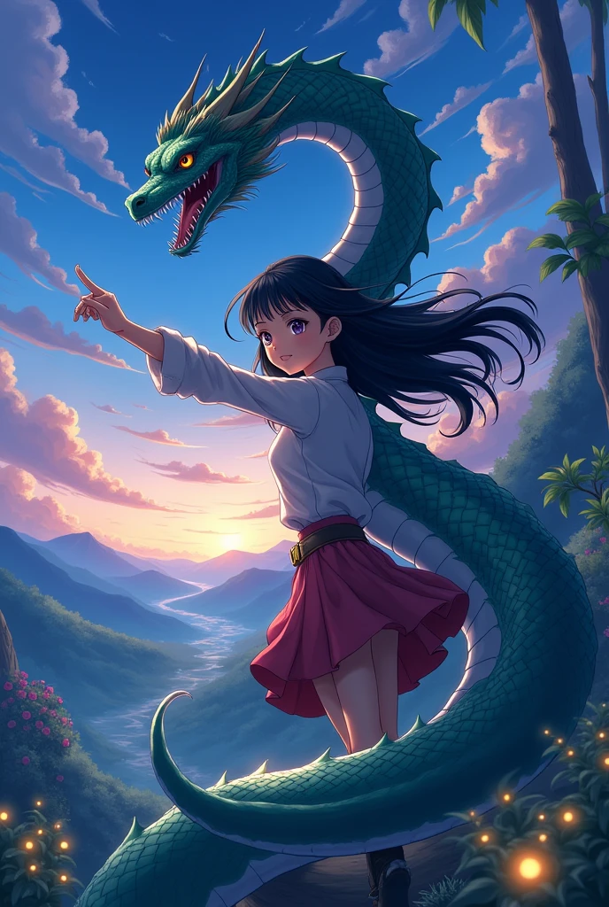 girl anime, black hair, with a serpent dragon in her arm, and her han pointing to the fron